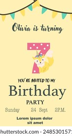 Childrens magic invitation card with fairy animal. Fantasy world elements design. Template for magic birthday party with unicorn or cute animal with horn and flowers.