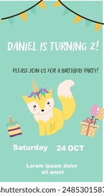 Childrens magic invitation card with fairy animal. Fantasy world elements design. Template for magic birthday party with unicorn or cute animal with horn and flowers.