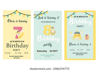 Childrens magic invitation card with fairy animal. Fantasy world elements design. Template for magic birthday party with unicorn or cute animal with horn and flowers.