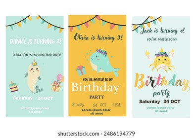 Childrens magic invitation card with fairy animal. Fantasy world elements design. Template for magic birthday party with unicorn or cute animal with horn and flowers.