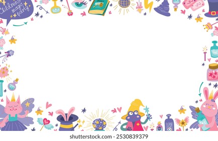 Anuncio Horizontal del marco mágico del partido de los niños en el fondo blanco. Marco con gato de cola de hadas, conejo fantástico y rana. Dibujado a mano conjunto de animales mágicos y Elementos. Ilustración vectorial plana.