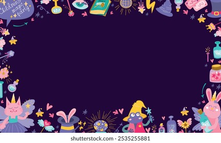 Banner horizontal de quadro de festa mágica infantil no fundo azul-escuro.