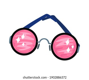 Children's magic pink glasses. Round lenses with sparkles. Vector simple hand drawn flat illustration.