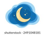 Childrens magic poster. Moon and stars at night sky. Sweet crescent. Dream, lullaby, design for banner, poster, baby shower, cute greeting card, children