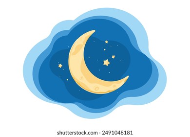 Childrens magic poster. Moon and stars at night sky. Sweet crescent. Dream, lullaby, design for banner, poster, baby shower, cute greeting card, children's albums, birthday party. Vector illustration