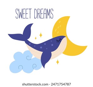 Childrens Magic Posters. Cute Whale Among the Moon and Stars. Sweet Dreams Vector illustration.