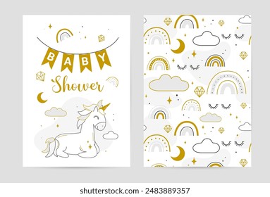 Childrens magic posters with unicorn, clouds, moon, stars, rainbows. Childrens birthday invitation. Design for kid room decoration, baby shower, greeting cards, covers, wallpaper background, nursery 