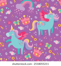 Childrens magic unicorn pattern. Cute seamless ornament hand drawn with unicorns, rainbow, stars. Vector texture for kids bedding, fabric, wallpaper, wrapping paper, textile, t-shirt.