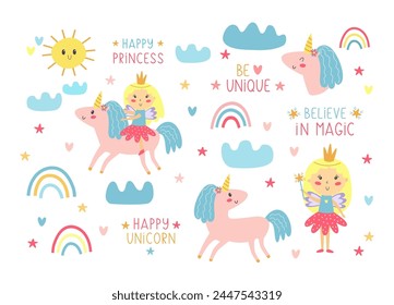 Childrens magical elements set with Happy little princess with unicorn vector. Magical princess, unicorn, and lettering for children's illustrations. Vector isolated on a white background