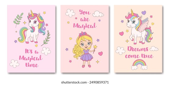 Childrens magical posters. A set of three unicorn cards with a girl holding a wand and a rainbow. The cards say "You are magical" and "It's a magical time"