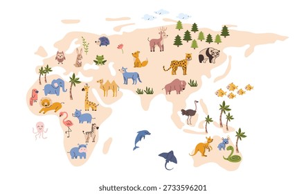 Childrens map of Eurasia, Africa and Australia with animals and wildlife. Vector biodiversity of ocean and land creatures. Amphibians and fish, mammals and birds, reptiles and mollusks species