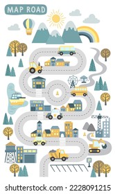 Childrens map road construction. Vector cartoon illustration of children's mat for road play. City adventure map with mountains, wood, lake, building, cars and construction. Design for nuresry decor