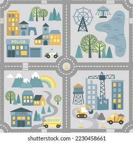 Childrens map road seamless pattern. Vector cartoon illustration of children's mat for road play. City adventure map with mountains, wood, lake, building, cars and construction