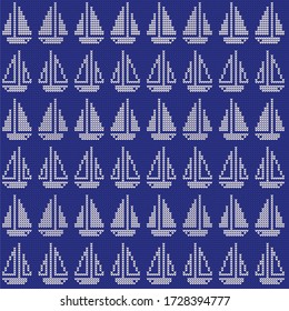 Children's, marine knitted pattern with sailing boats in white and blue colors. Vector.