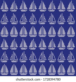 Children's, marine knitted pattern with sailing boats in white and blue colors. Vector.