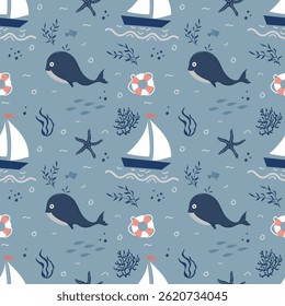 Patrón marino infantil con estrellas de mar, barcos y ballenas en tonos azules. Ideal para textiles, Fondo de pantalla y accesorios para niños. Alta calidad, fácil de imprimir y adaptar.
