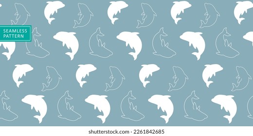 Children's marine seamless vector pattern in pale blue shades with dolphins for covers, backgrounds, wrapping paper and textiles