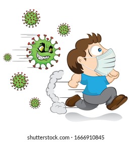 Children's mascot, people with mask running scared of a virus corona. Ideal for educational and institutional matters