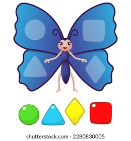 Children's matching educational game with butterfly. Learning geometric shapes for kids. logical tasks of geometric shapes. Vector illustration.