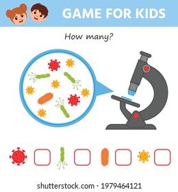 Children's matching educational game. Count the bacteria and viruses under  a magnifying glass the microscope. Medicine theme. Vector illustration