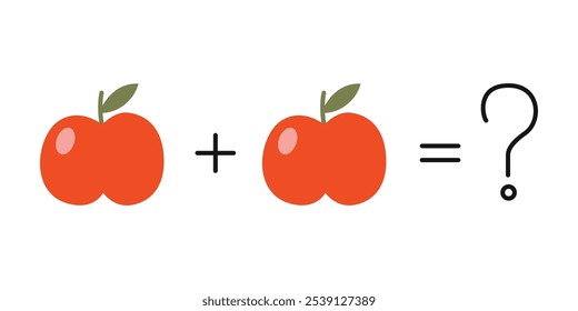 Exemplo de matemática infantil para jardim de infância e escola primária, maçã mais maçã é igual a pergunta. Ilustração vetorial isolada sobre fundo branco, desenhada à mão, design plano