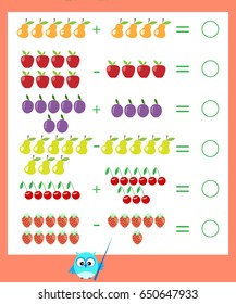 Children's math game calculate fruit vector