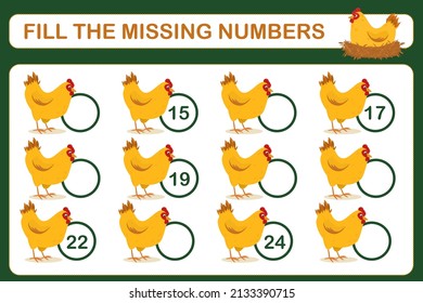 a children's math game called "fill in the missing numbers". Vector illustration. Worksheet for children