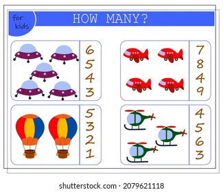 Juego de matemáticas para niños, cuenta cuántos de ellos. juguetes para niños, helicóptero, avión, globo, cohete. vector aislado en un fondo blanco