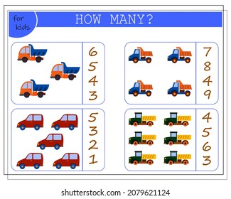 Children's math game, count how many of them. children's toys cars. vector isolated on a white background