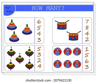 Children's math game, count how many of them. children's toy pyramid, drum, bundle, ball. vector isolated on white background