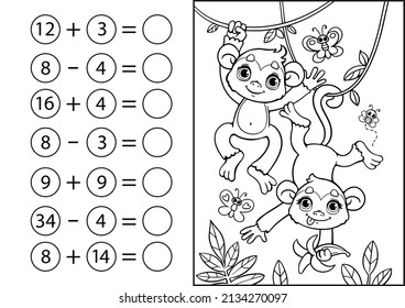 Children's math game, subtraction and addition of numbers. Coloring book with cute monkey marmosets on a palm tree. Mini-task, write the answer in a circle. Preschool education.