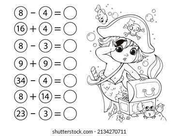 Children's math game, subtraction and addition of numbers. Coloring book with a mermaid boy in a pirate costume found a treasure chest. Mini-task, write the answer in a circle. Preschool education.