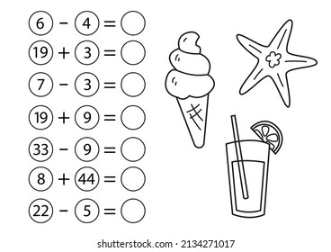 Children's math game, subtraction and addition of numbers. Coloring book with ice cream, lemonade. Mini task, write the answer in the empty circle. Preschool education. Vector in cartoon style.
