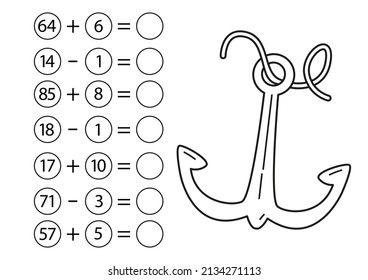 Children's math game, subtraction and addition of numbers. Sea anchor coloring page. Mini task, write the answer in the empty circle. Preschool education. Vector illustration in cartoon style.