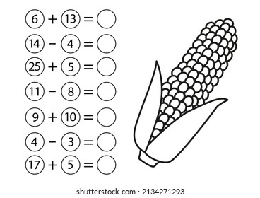 Juego matemático infantil, sustracción y adición de números. Página de coloreado de maíz. Mini tarea, escriba la respuesta en el círculo vacío. Educación preescolar. Ilustración vectorial al estilo de las caricaturas.