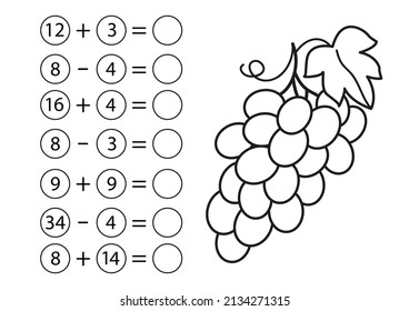 Children's math game, subtraction and addition of numbers. Coloring grapes. Mini task, write the answer in the empty circle. Preschool education. Vector illustration in cartoon style.