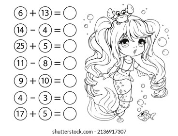 Children's math game, subtraction and addition of numbers. Coloring book with cute little mermaid and crab. Mini-task, write the answer in the circle. Preschool education.