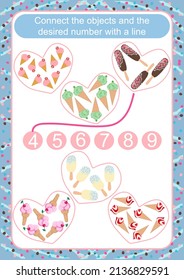 Children's math template - connect the elements and the correct number with a line. Ice cream in a cone.