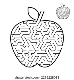 Children's Maze apple. Game for kids. Puzzle for children. Cartoon style. Labyrinth conundrum. Black white vector illustration. With the answer