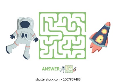 Children's maze with astronaut and rocket. Cute puzzle game for kids, vector labyrinth illustration.