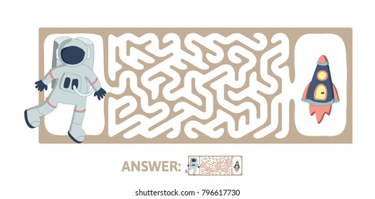 Children's maze with astronaut and rocket. Cute puzzle game for kids, vector labyrinth illustration.