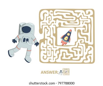 Children's maze with astronaut and rocket. Cute puzzle game for kids, vector labyrinth illustration.