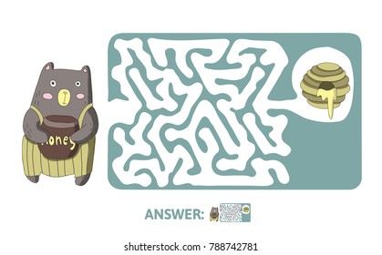 Children's maze with bear and honey. Cute puzzle game for kids, vector labyrinth illustration.