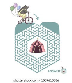 Children's maze with bear on a bike and circus tent. Cute puzzle game for kids, vector labyrinth illustration.