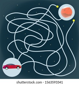 children's maze with a car to Mars. A fun maze game for kids. Space maze. Vector illustration.