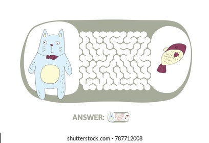 Children's maze with cat and fish. Cute puzzle game for kids, vector labyrinth illustration.