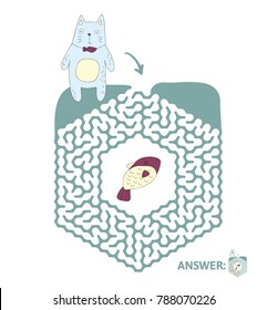 Children's maze with cat and fish. Cute puzzle game for kids, vector labyrinth illustration.