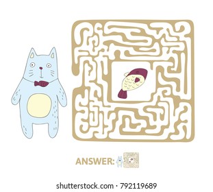 Children's maze with cat and fish. Cute puzzle game for kids, vector labyrinth illustration.