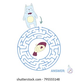 Children's maze with cat and fish. Cute puzzle game for kids, vector labyrinth illustration.