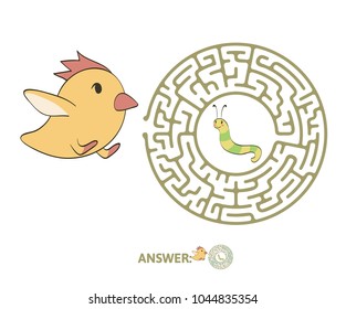 Children's maze with chicken and worm. Cute puzzle game for kids, vector labyrinth illustration.